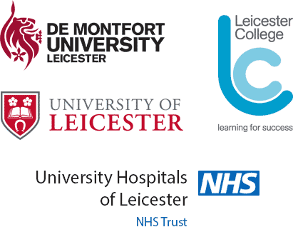 De-montfort University, Leicester University, Leicester College and University hospitals of Leicester logos